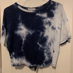 Tie dyed Caution to the Wind navy and white front tie crop top